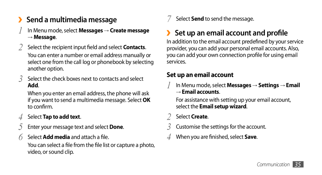 Samsung GT-S3370HSATEE, GT-S3370LSAVID ›› Send a multimedia message, ›› Set up an email account and profile, → Message 