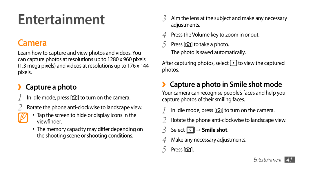 Samsung GT-S3370HSAFOP, GT-S3370LSAVID manual Entertainment, Camera, ›› Capture a photo in Smile shot mode, → Smile shot 