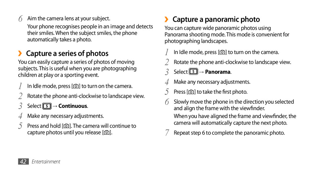 Samsung GT-S3370HSAAMN manual ›› Capture a series of photos, ›› Capture a panoramic photo, Select, → Continuous, → Panorama 