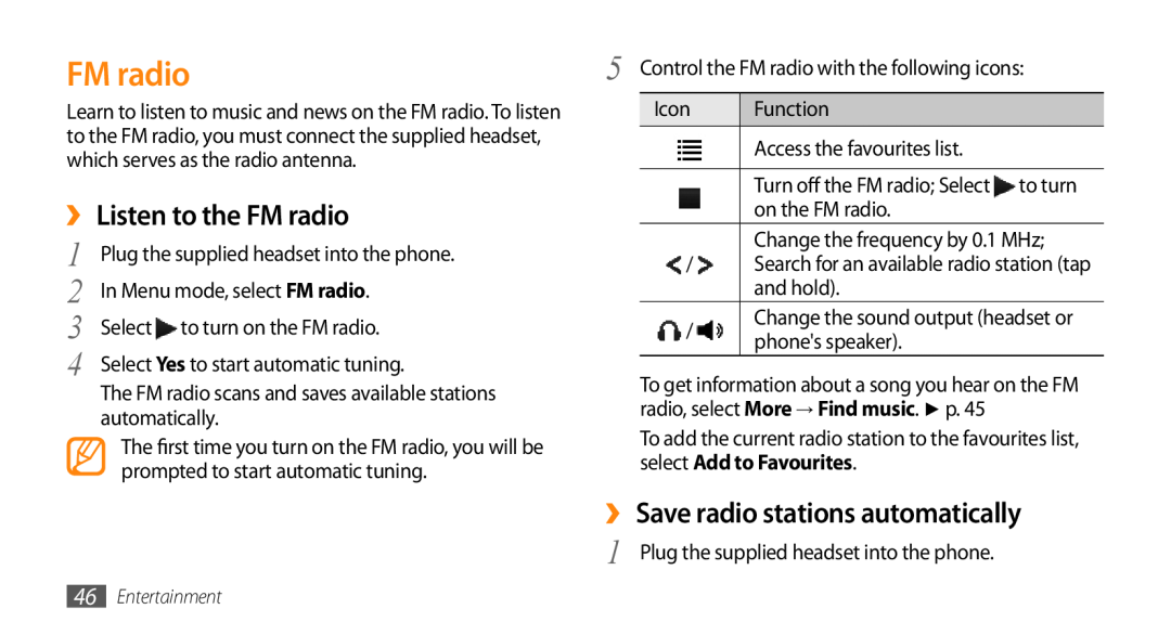 Samsung GT-S3370OKAEUR ›› Listen to the FM radio, ›› Save radio stations automatically, In Menu mode, select FM radio 