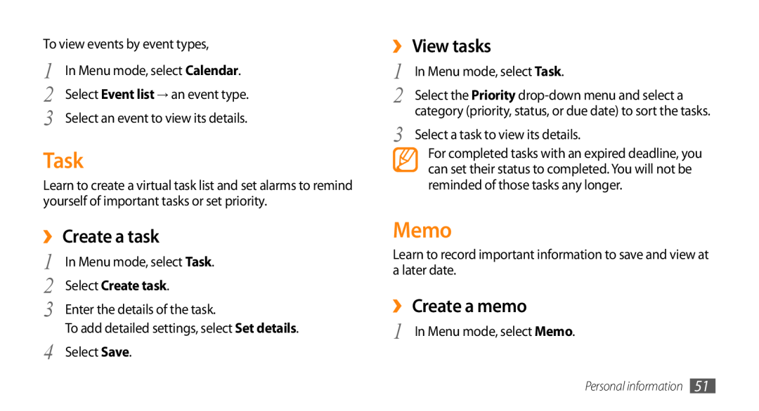 Samsung GT-S3370HSAEUR, GT-S3370LSAVID Task, Memo, ›› Create a task, ›› View tasks, ›› Create a memo, Select Create task 