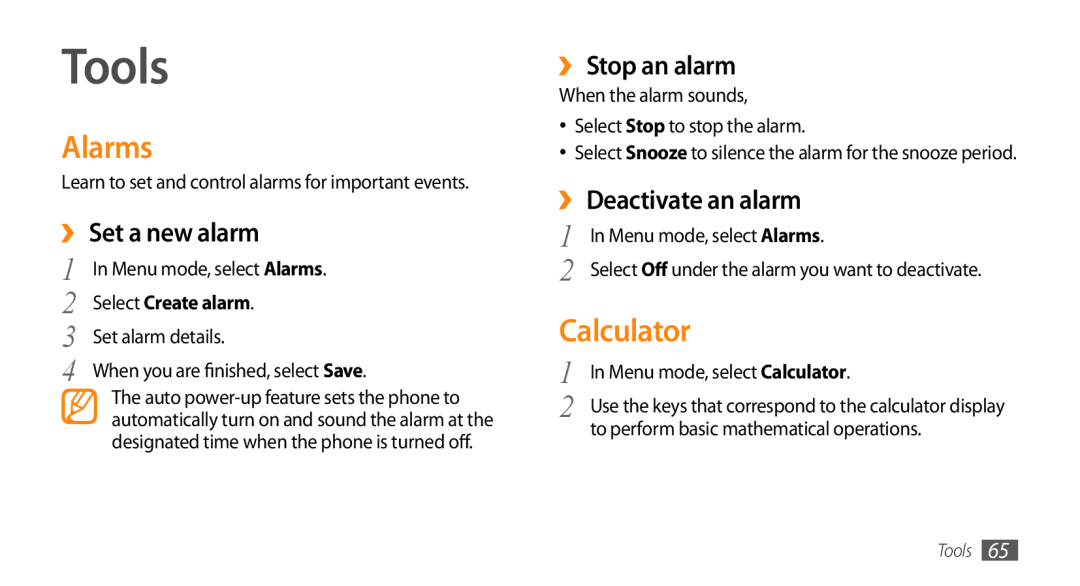 Samsung GT-S3370HSAXEF manual Tools, Alarms, Calculator, ›› Set a new alarm, ›› Stop an alarm, ›› Deactivate an alarm 