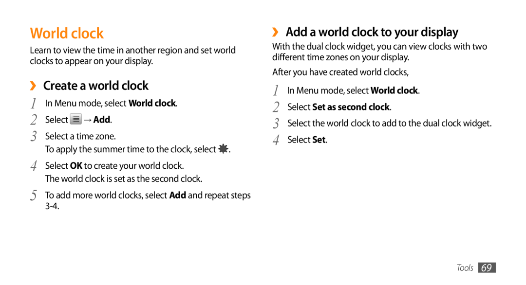 Samsung GT-S3370HSATMN, GT-S3370LSAVID manual World clock, ›› Create a world clock, ›› Add a world clock to your display 