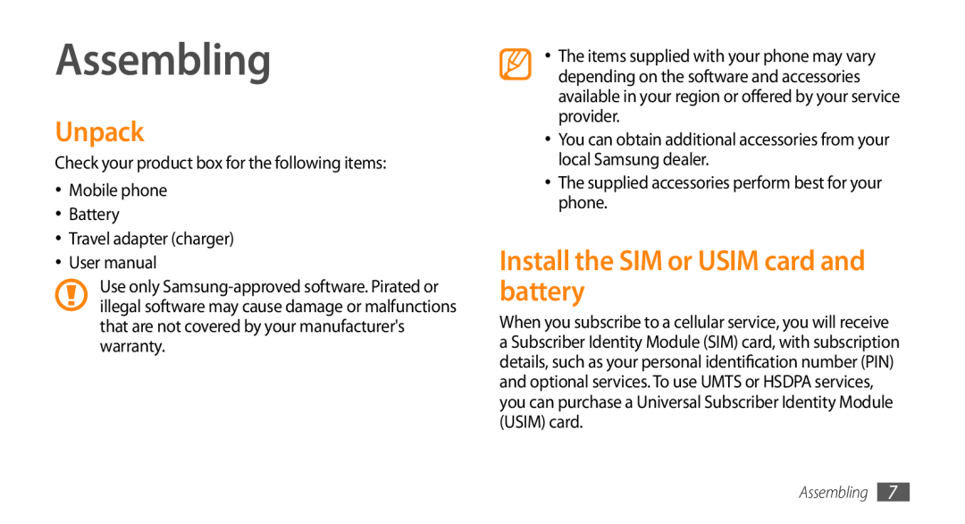 Samsung GT-S3370LSAVDR, GT-S3370LSAVID, GT-S3370HSAXEF manual Assembling, Unpack, Install the SIM or USIM card and battery 