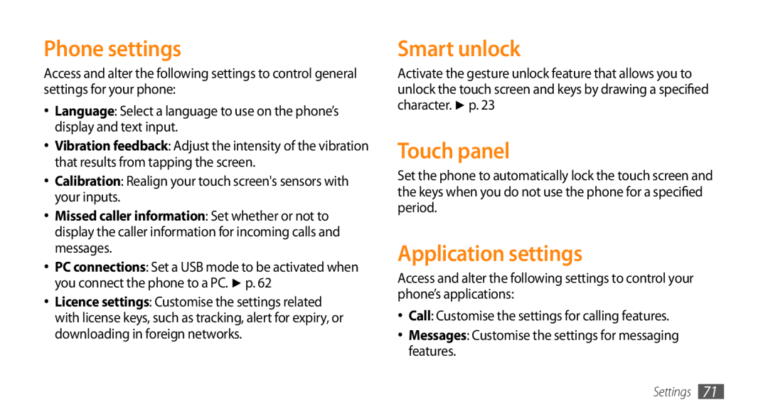 Samsung GT-S3370LSAVDR, GT-S3370LSAVID, GT-S3370HSAXEF manual Phone settings, Smart unlock, Touch panel, Application settings 