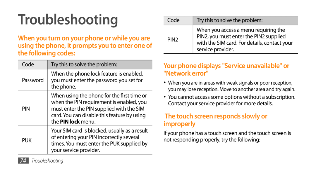 Samsung GT-S3370HSATIM, GT-S3370LSAVID manual Troubleshooting, Your phone displays Service unavailable or Network error 
