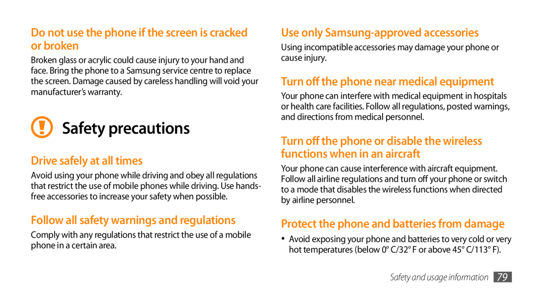 Samsung GT-S3370HSAOMN, GT-S3370LSAVID manual Safety precautions, Do not use the phone if the screen is cracked or broken 