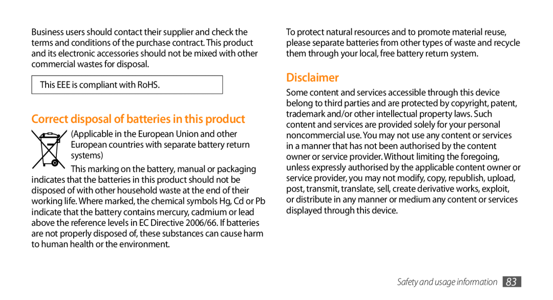 Samsung GT-S3370HSAFWB manual Disclaimer, Correct disposal of batteries in this product, Safety and usage information 