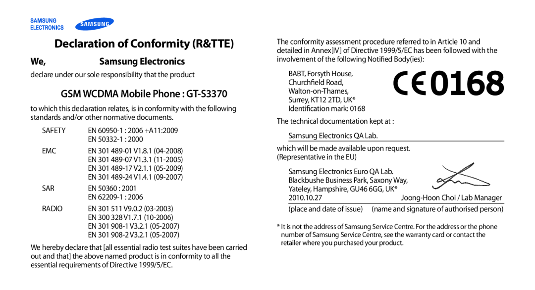 Samsung GT-S3370HSAITV, GT-S3370LSAVID, GT-S3370HSAXEF Declaration of Conformity R&TTE, GSM WCDMA Mobile Phone GT-S3370 