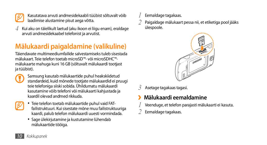 Samsung GT-S3370HSESEB, GT-S3370LSESEB, GT-S3370DIESEB, GT-S3370CWESEB manual Mälukaardi paigaldamine valikuline, Ülespoole 