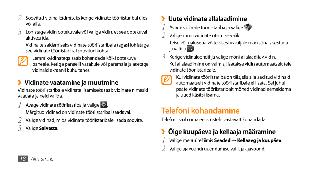 Samsung GT-S3370HSESEB manual Telefoni kohandamine, ››Vidinate vaatamine ja muutmine, ››Uute vidinate allalaadimine 