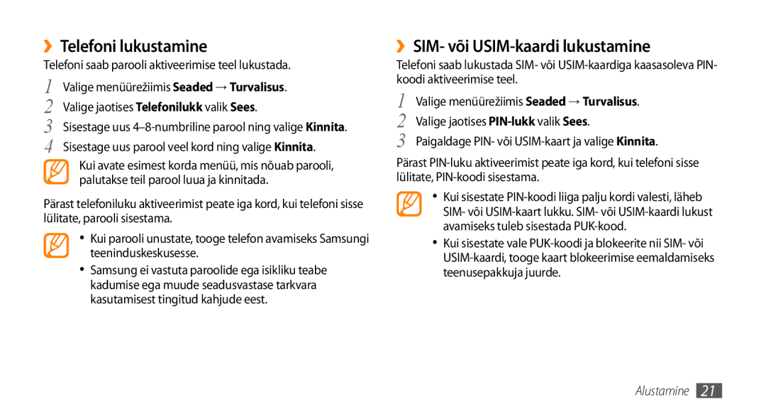 Samsung GT-S3370DIESEB, GT-S3370LSESEB, GT-S3370HSESEB manual ››Telefoni lukustamine, ››SIM- või USIM-kaardi lukustamine 