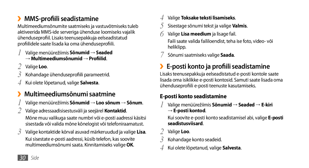 Samsung GT-S3370HSESEB manual ››MMS-profiili seadistamine, ››Multimeediumsõnumi saatmine, Posti konto seadistamine 