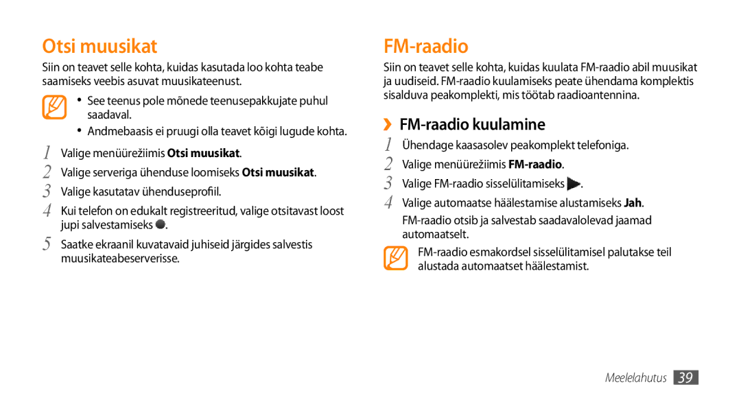 Samsung GT-S3370CWESEB, GT-S3370LSESEB, GT-S3370DIESEB, GT-S3370HSESEB manual Otsi muusikat, ››FM-raadio kuulamine 