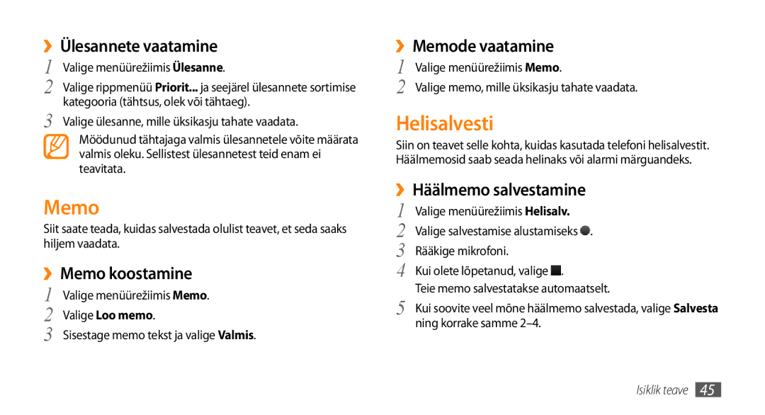Samsung GT-S3370DIESEB, GT-S3370LSESEB, GT-S3370HSESEB, GT-S3370CWESEB manual Memo, Helisalvesti 