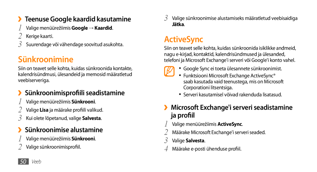 Samsung GT-S3370HSESEB, GT-S3370LSESEB, GT-S3370DIESEB, GT-S3370CWESEB manual Sünkroonimine, ActiveSync 