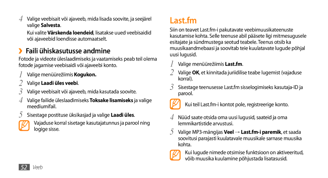 Samsung GT-S3370LSESEB, GT-S3370DIESEB manual Last.fm, ››Faili ühiskasutusse andmine, Valige Laadi üles veebi, Meediumifail 