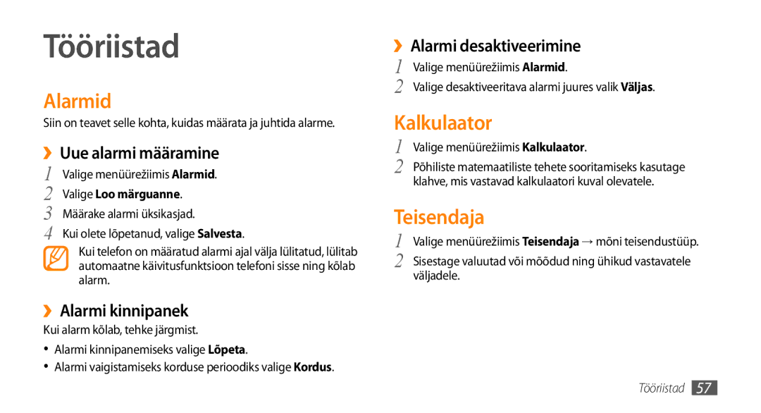 Samsung GT-S3370DIESEB, GT-S3370LSESEB, GT-S3370HSESEB, GT-S3370CWESEB manual Tööriistad, Alarmid, Kalkulaator, Teisendaja 