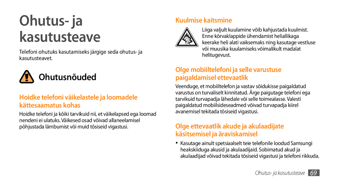 Samsung GT-S3370DIESEB, GT-S3370LSESEB, GT-S3370HSESEB, GT-S3370CWESEB manual Ohutus- ja kasutusteave, Kuulmise kaitsmine 