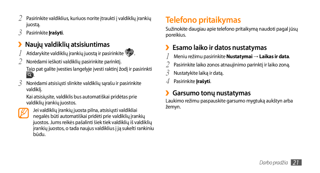 Samsung GT-S3370DIESEB manual Telefono pritaikymas, ››Naujų valdiklių atsisiuntimas, ››Esamo laiko ir datos nustatymas 