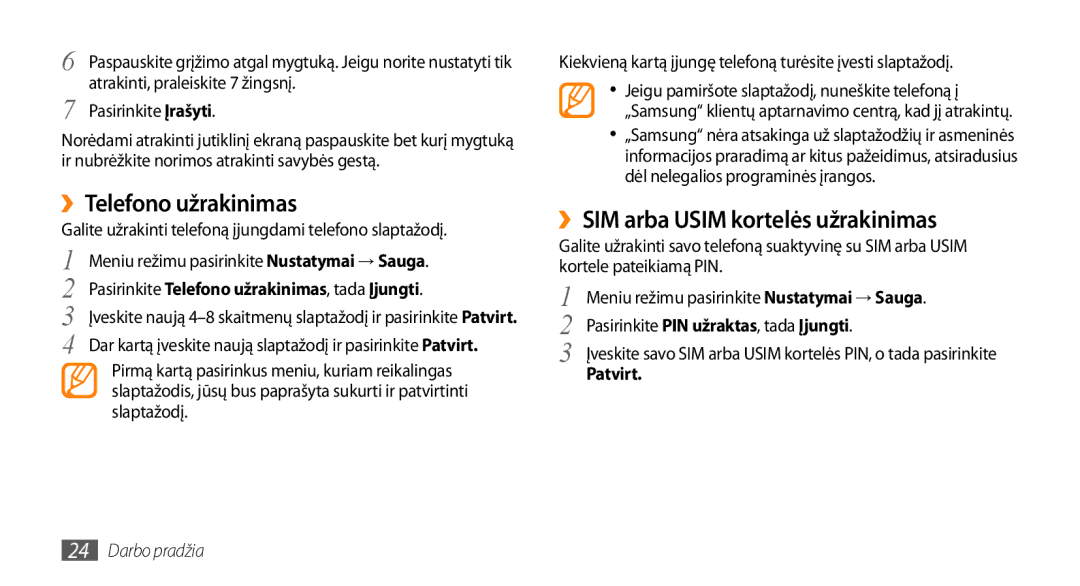 Samsung GT-S3370LSESEB, GT-S3370DIESEB manual ››Telefono užrakinimas, ››SIM arba Usim kortelės užrakinimas, Patvirt 