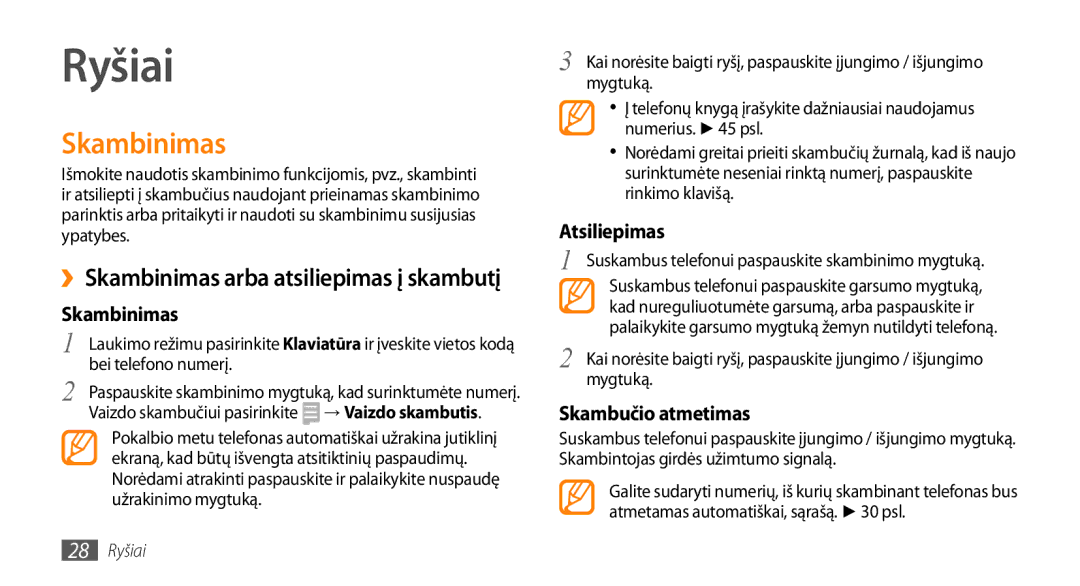 Samsung GT-S3370LSESEB, GT-S3370DIESEB, GT-S3370HSESEB manual Ryšiai, Skambinimas, Atsiliepimas, Skambučio atmetimas 