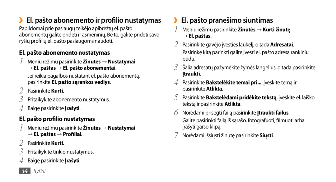 Samsung GT-S3370HSESEB, GT-S3370LSESEB manual ››El. pašto pranešimo siuntimas, ››El. pašto abonemento ir profilio nustatymas 