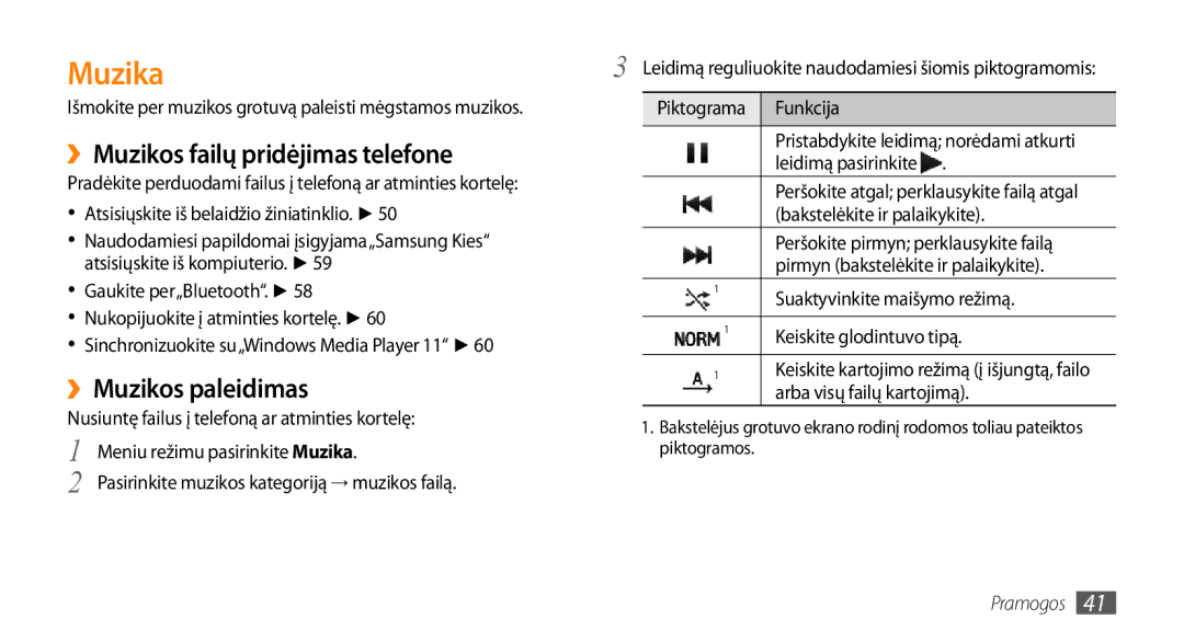 Samsung GT-S3370DIESEB, GT-S3370LSESEB, GT-S3370HSESEB Muzika, ››Muzikos failų pridėjimas telefone, ››Muzikos paleidimas 