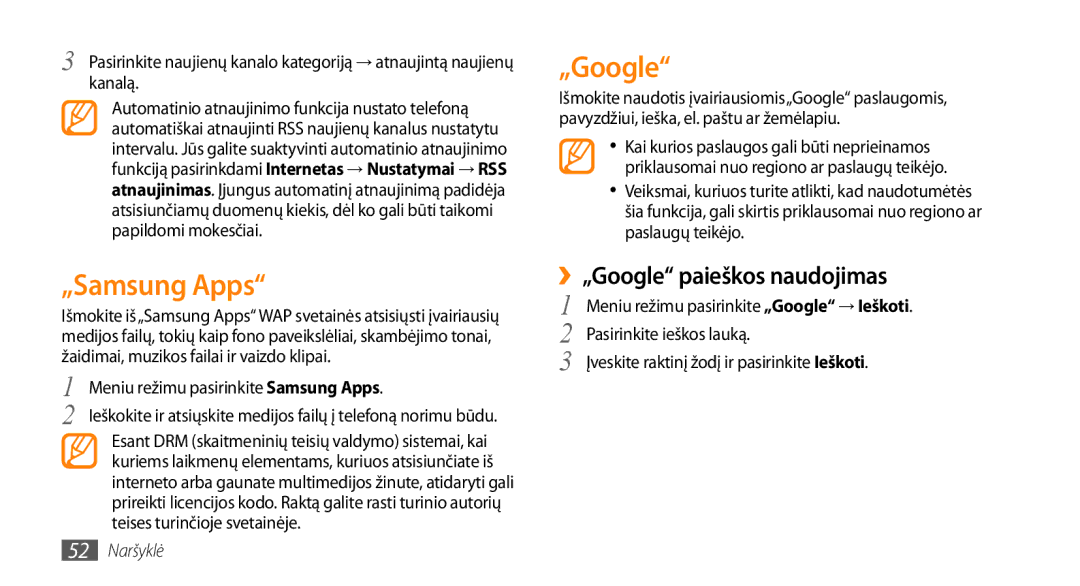 Samsung GT-S3370LSESEB, GT-S3370DIESEB, GT-S3370HSESEB manual „Samsung Apps, ››„Google paieškos naudojimas, 52 Naršyklė 