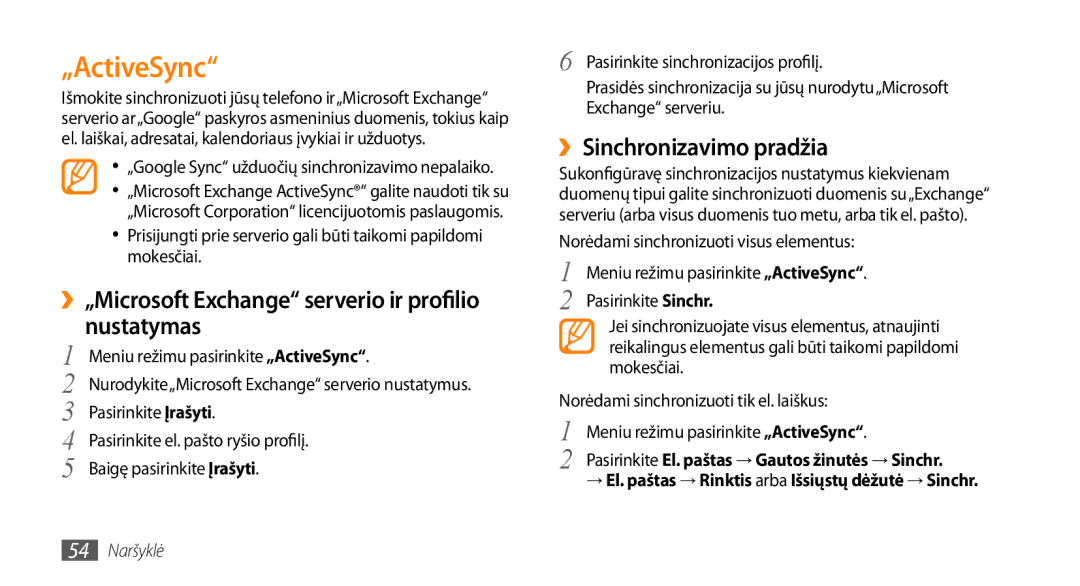 Samsung GT-S3370HSESEB, GT-S3370LSESEB „ActiveSync, ››„Microsoft Exchange serverio ir profilio nustatymas, 54 Naršyklė 