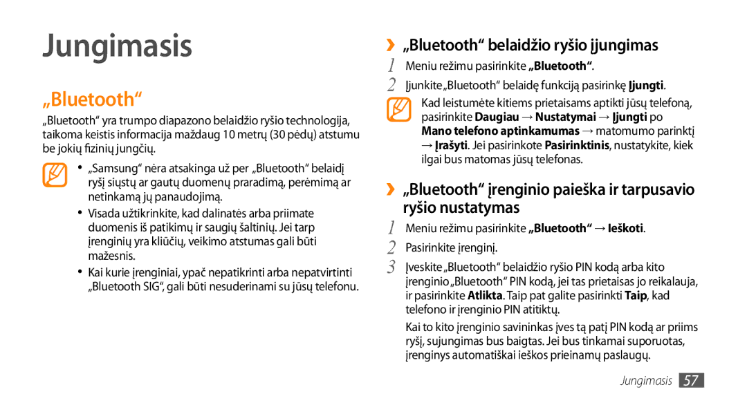 Samsung GT-S3370DIESEB, GT-S3370LSESEB, GT-S3370HSESEB manual Jungimasis, ››„Bluetooth belaidžio ryšio įjungimas 