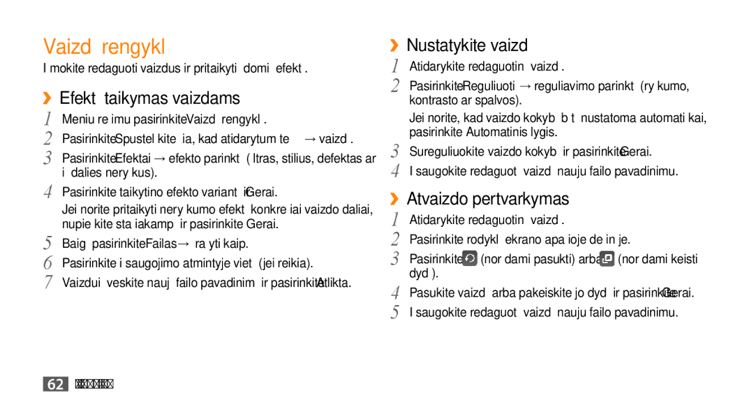 Samsung GT-S3370HSESEB manual Vaizdų rengyklė, ››Efektų taikymas vaizdams, ››Nustatykite vaizdą, ››Atvaizdo pertvarkymas 