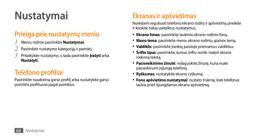 Samsung GT-S3370HSESEB Nustatymai, Prieiga prie nustatymų meniu, Telefono profiliai, Ekranas ir apšvietimas, Nustatyti 