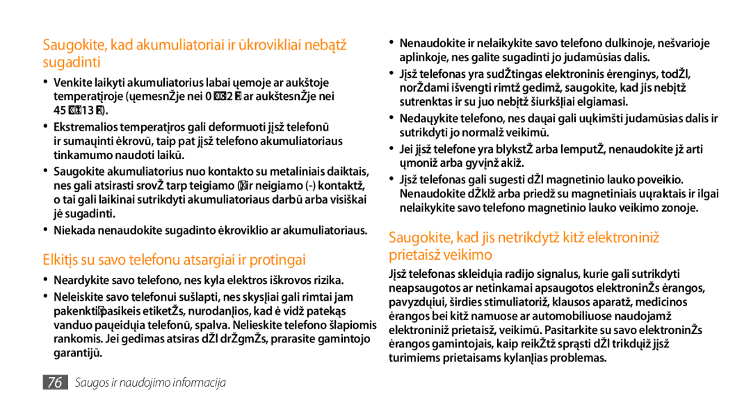 Samsung GT-S3370LSESEB, GT-S3370DIESEB, GT-S3370HSESEB, GT-S3370CWESEB manual Elkitės su savo telefonu atsargiai ir protingai 