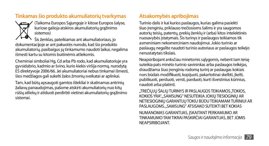 Samsung GT-S3370CWESEB, GT-S3370LSESEB, GT-S3370DIESEB, GT-S3370HSESEB manual Atsakomybės apribojimas 