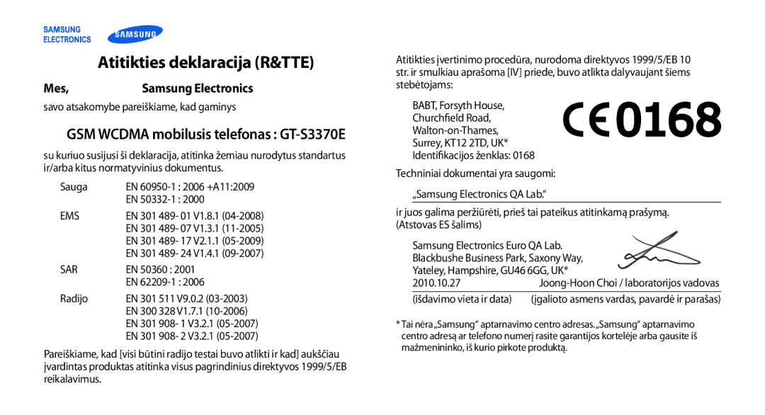 Samsung GT-S3370DIESEB Atitikties deklaracija R&TTE, GSM Wcdma mobilusis telefonas GT-S3370E, Mes Samsung Electronics 