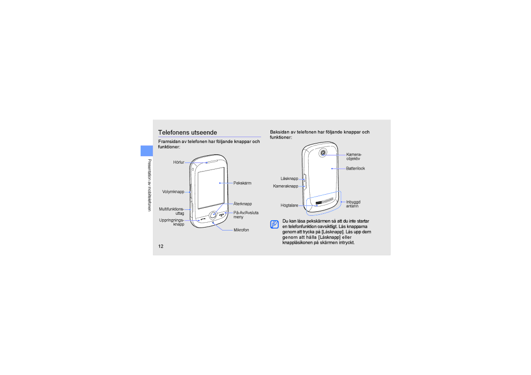 Samsung GT-S3650FOAXEE, GT-S3650CYAXEE Telefonens utseende, Framsidan av telefonen har följande knappar och funktioner 