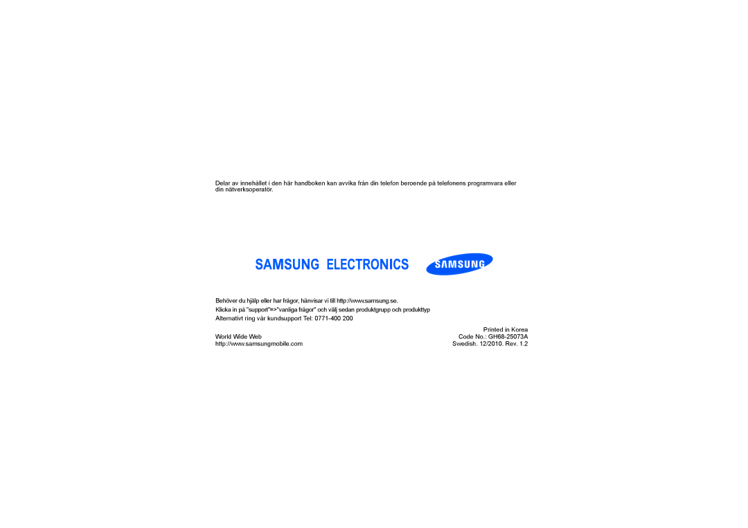 Samsung GT-S3650FOAXEE, GT-S3650CYAXEE, GT-S3650TIAXEE, GT-S3650CWAXEE manual Swedish /2010. Rev 