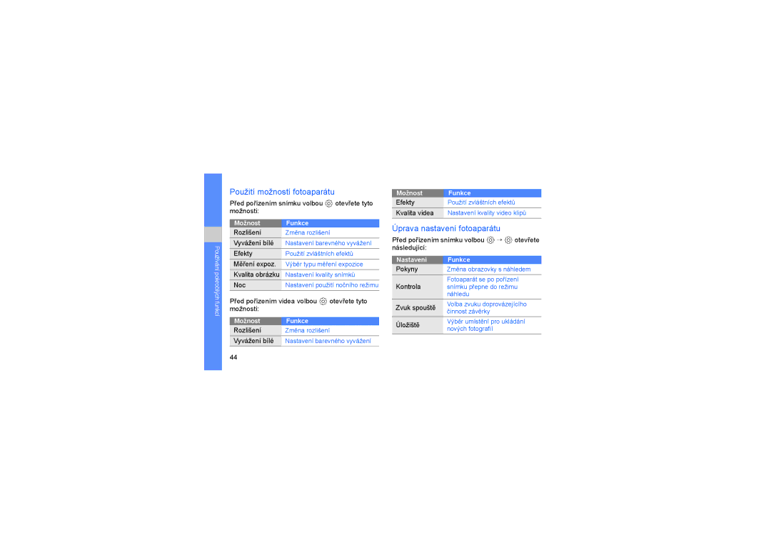 Samsung GT-S3650TIAO2C, GT-S3650CYAXEZ, GT-S3650CWATMS manual Použití možností fotoaparátu, Úprava nastavení fotoaparátu 