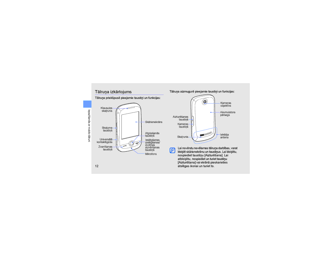 Samsung GT-S3650FOASEB, GT-S3650TIASEB manual Tālruņa izkārtojums, Tālruņa aizmugurē pieejamie taustiņi un funkcijas 