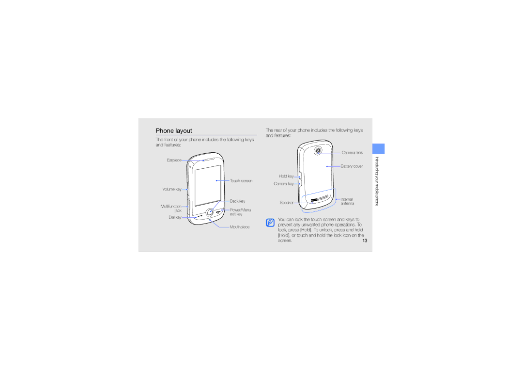 Samsung GT-S3650CYAVDR manual Phone layout, Rear of your phone includes the following keys and features, Screen.13 