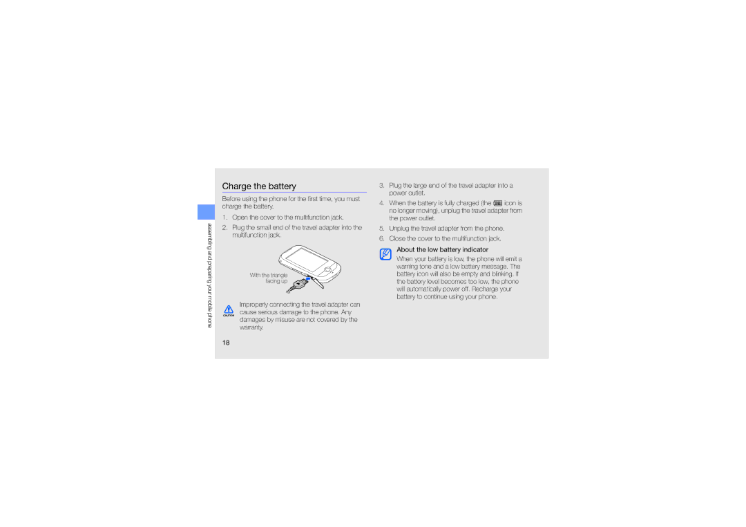 Samsung GT-S3650CWAVD2, GT-S3650TIADBT, GT-S3650FOAEPL, GT-S3650TIAVIA, GT-S3650TIAOPT, GT-S3650FOAEPR manual Charge the battery 