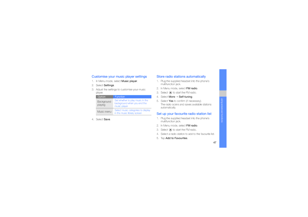 Samsung GT-S3650CWANRJ, GT-S3650TIADBT manual Customise your music player settings, Store radio stations automatically 
