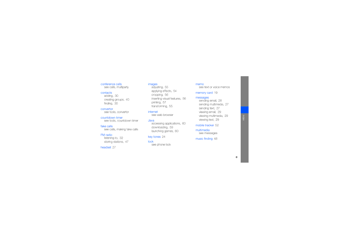 Samsung GT-S3650TIACIT Creating groups, 40 finding, See tools, convertor, See tools, countdown timer, Storing stations 