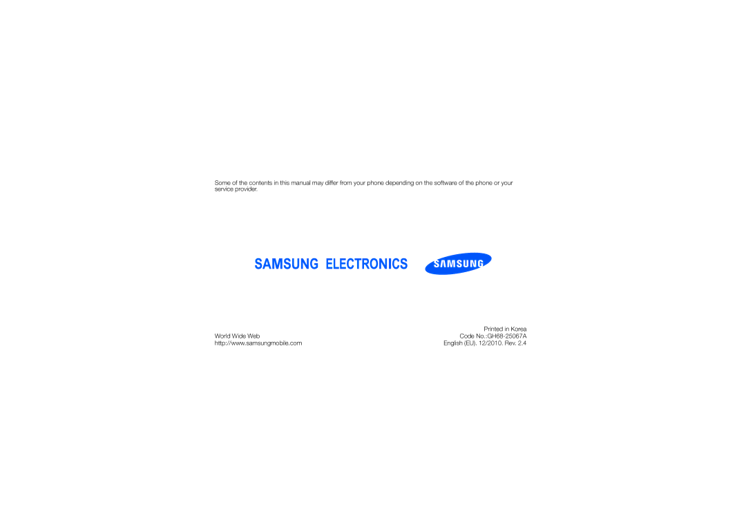 Samsung GT-S3650FOAAMN, GT-S3650TIADBT, GT-S3650FOAEPL, GT-S3650TIAVIA, GT-S3650TIAOPT, GT-S3650FOAEPR English EU /2010. Rev 