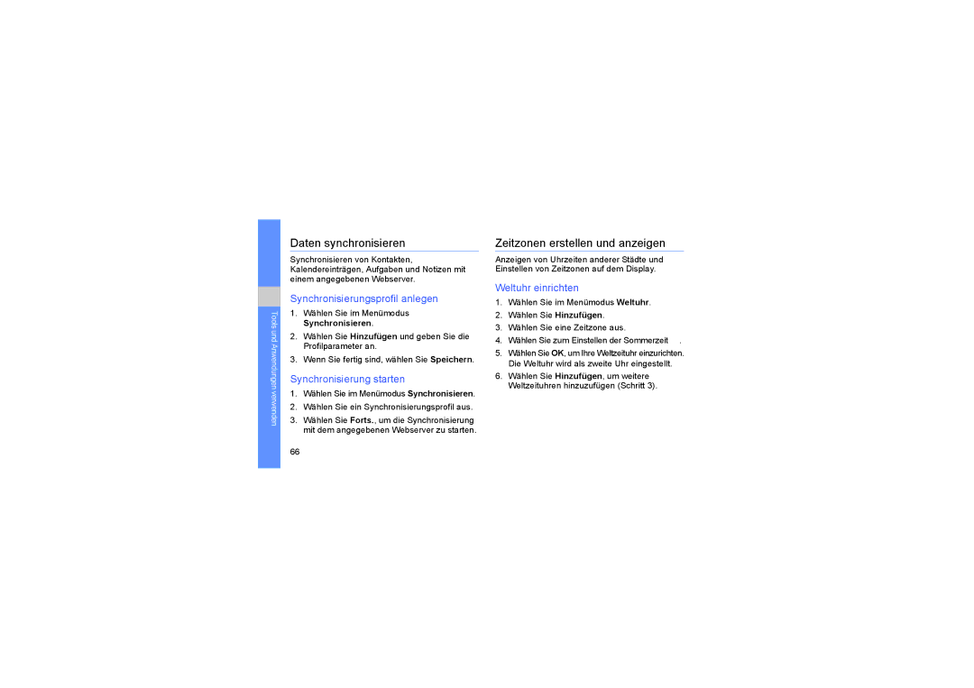 Samsung GT-S3650CWADBT manual Daten synchronisieren, Zeitzonen erstellen und anzeigen, Synchronisierungsprofil anlegen 