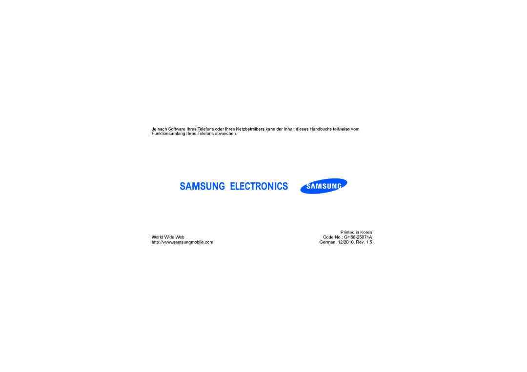 Samsung GT-S3650FOAVIA, GT-S3650TIADBT, GT-S3650FOAEPL, GT-S3650TIAVIA, GT-S3650TIAOPT, GT-S3650FOAEPR manual German /2010. Rev 