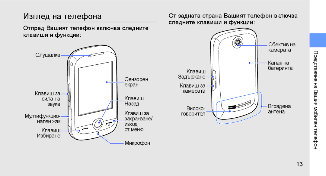 Samsung GT-S3650IKAMTL, GT-S3650TIAGBL, GT-S3650FOAVVT, GT-S3650FOAGBL, GT-S3650CYAMTL, GT-S3650FOASEB manual Изглед на телефона 