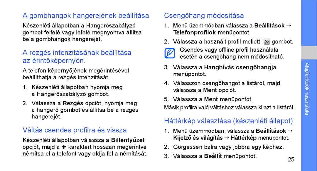 Samsung GT-S3650IBATMH manual Gombhangok hangerejének beállítása, Rezgés intenzitásának beállítása az érintőképernyőn 