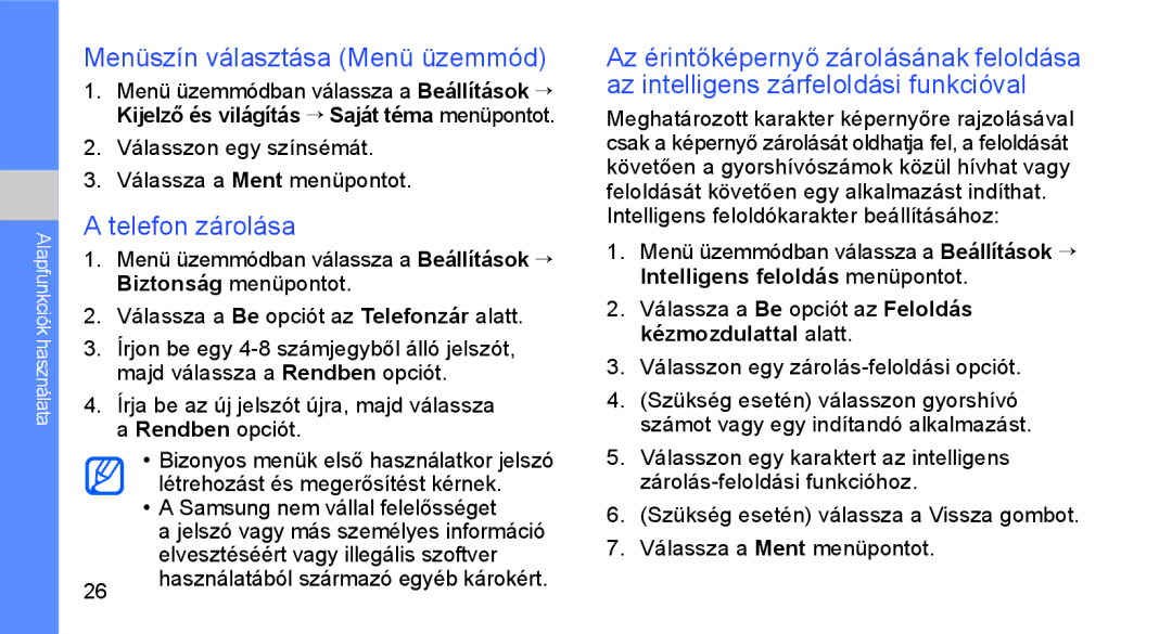 Samsung GT-S3650CWAXEH, GT-S3650TIAOPT, GT-S3650CWAOPT, GT-S3650FOATIM Menüszín választása Menü üzemmód, Telefon zárolása 